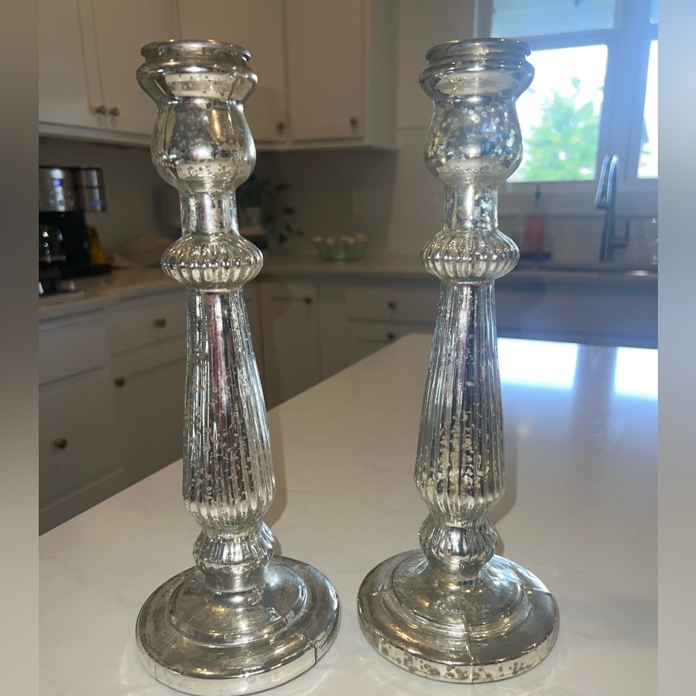 Set of TWO Pottery Barn Mercury Glass Candle Holders